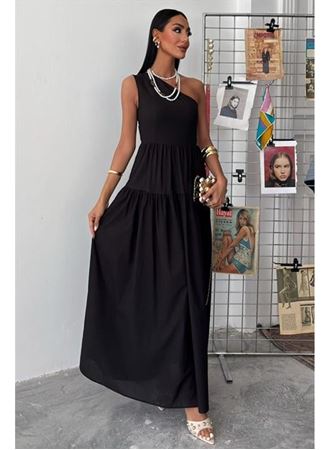 Tek Omuzlu Pile Detay Maxi Elbise 2895