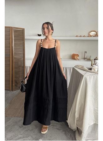 Siyah Askılı Müslin Elbise