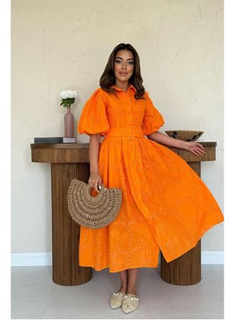 Oranj Pileli Balkon Elbise