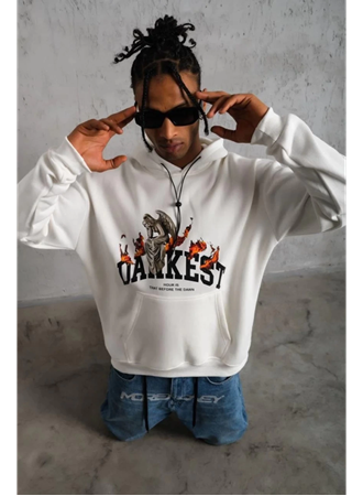Erkek Oversize Kapüşonlu Sweatshirt – Beyaz Renk Üç İplik İçi Pamuklu Kanguru Cepli Baskılı Hoodie Rahat Kalıp Kışlık Günlük Kombinlere Uygun - Beyaz
