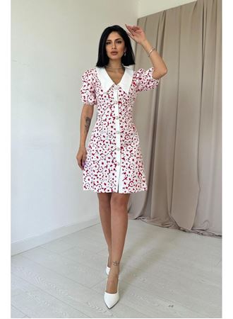 Fuşya Önlük Yakalı Poplin Elbise