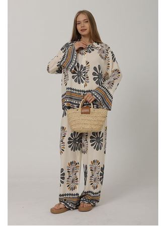 Desenli Kolları Volanlı Pantolon Takım - Antrasit