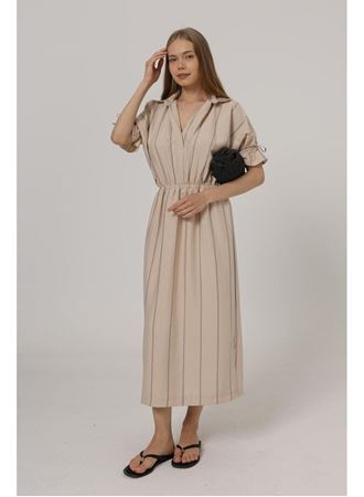 Beli Lastikli Elbise - Taş