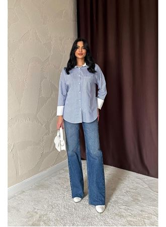 Mavi Çizgili Poplin Uzun Kol Gömlek