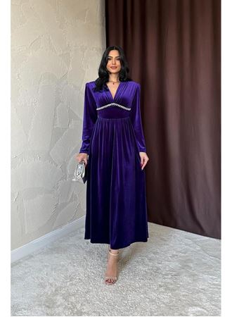 Mor Göğüs Altı Taşlı Elbise