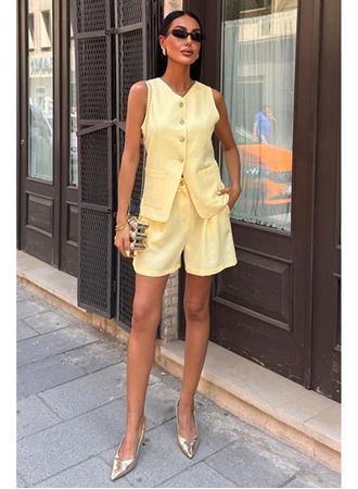Gold Düğme Detaylı Yelek Şort Cotton Takım 10208