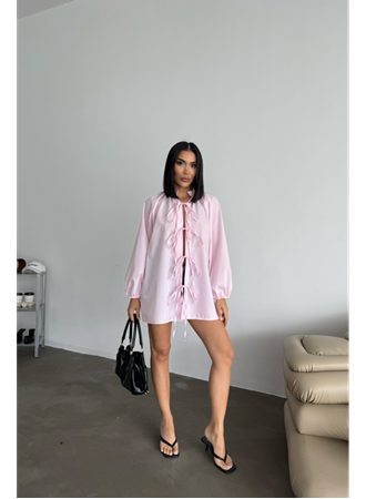 GÖMLEK POPLİN HAKİM YAKA ÖNDEN BAĞLAMA İP DETAYLI - Pembe