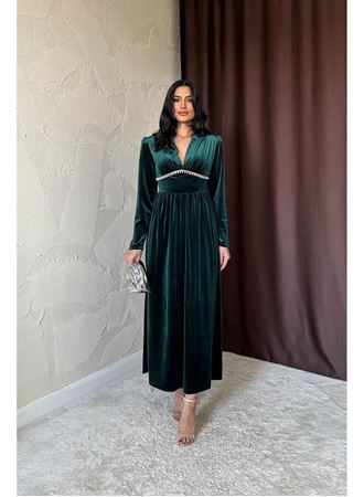Zümrüt Göğüs Altı Taşlı Elbise