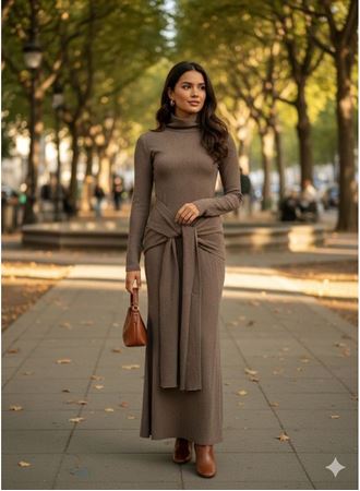 Kadın Uzun Kollubalıkçı Yaka Bürümcük Kumaş Kuşak Dahilkalem Elbise