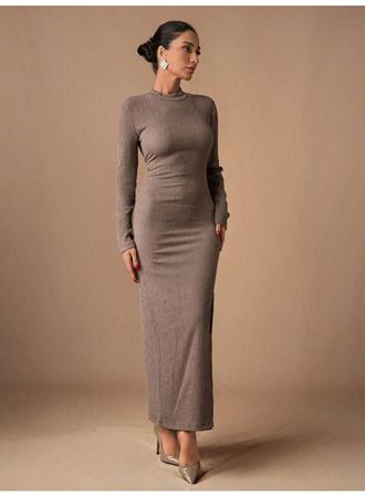 Kadın Uzun Kollu Yarım Balıkçı Yaka Bürümcük Kumaş Yırtmaç Detay Kalem Elbise