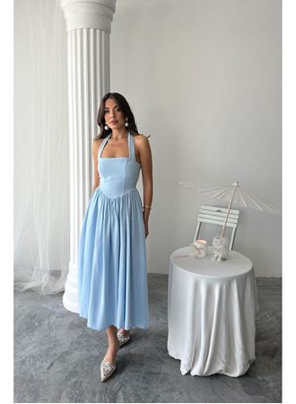 Mavi Boyundan Bağlamalı Keten Elbise