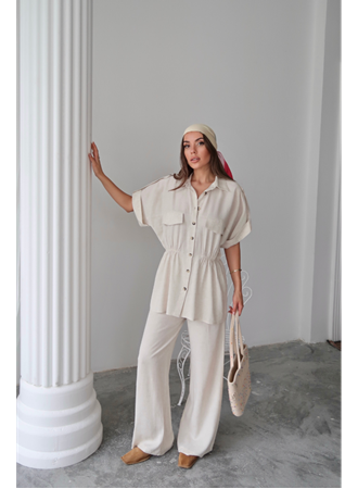 KETEN BELDEN BÜZGÜ DETAYLI GÖMLEK - PANTOLON TAKIM - Taş