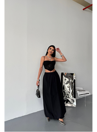 BEL LASTİKLİ BALON ETEK ŞANEL BOY SOFT KUMAŞ - Siyah