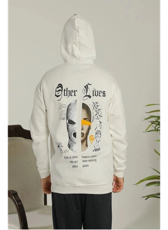 Oversize Üç İplik Şardonlu Kapüşonlu Sweatshirt – Beyaz “Other Lives” Ön Ve Arka Baskılı, Kanguru Cepli, Ribanalı Rahat Kışlık Model Beyaz