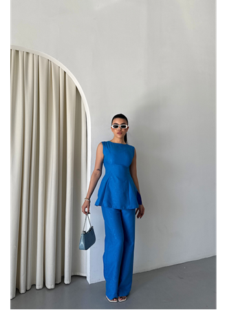 JAKAR KETEN KOLSUZ BLUZ-PANTOLON TK - Mavi