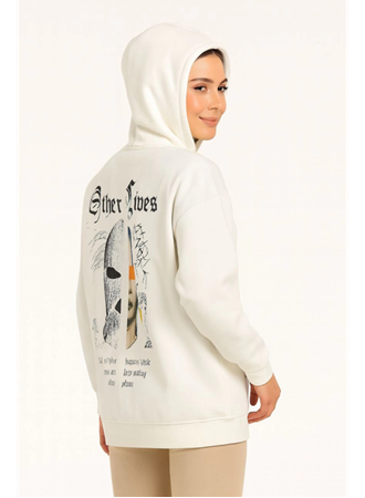 Oversize Üç İplik Şardonlu Kapüşonlu Sweatshirt – Beyaz “Other Lives” Ön Ve Arka Baskılı, Kanguru Cepli, Ribanalı Rahat Kışlık Model Beyaz