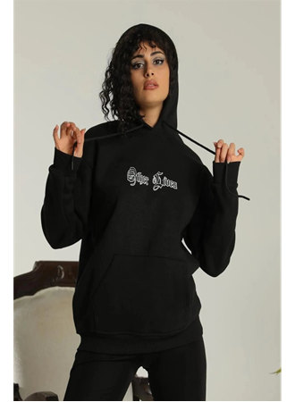 Oversize Üç İplik Kapüşonlu Sweatshirt – Siyah “Other Lives” Ön Ve Arka Baskılı, Şardonlu Kışlık, Rahat Günlük Model Siiyah