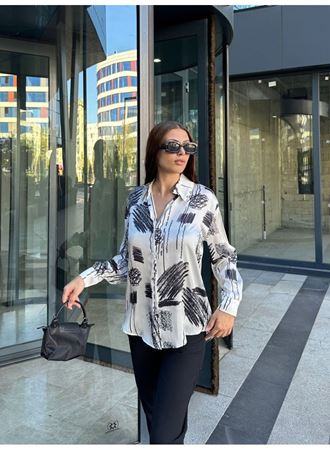 Kadın Uzun Kollu Dijital Baskılı Salaş Saten Gömlek