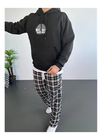 Erkek Oversize Üç İplik Kapüşonlu Sweatshirt – Siyah Sırt Ve Ön Baskılı, Kanguru Cepli, Rahat Kalıp, İçi Pamuklu ModeL-Siyah