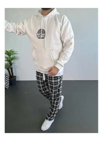 Erkek Oversize Üç İplik Kapüşonlu Sweatshirt – Beyaz Ön Baskılı, Kanguru Cepli, Rahat Kalıp, İçi Pamuklu Model