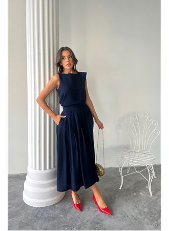 KETEN KOLSUZ BLUZ - MAXİ ETEK TAKIM - Lacivert