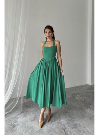 Yeşil Boyundan Bağlamalı Keten Elbise