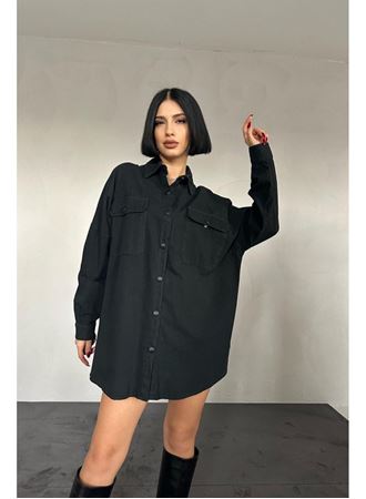 Siyah Çift Cep Kapaklı Çıtçıtlı Gömlek