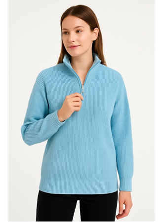 KADIN Yarım Fermuarlı Triko Kazak – Selanik Örgü, Dik Yaka, Pamuklu Dokuma, Oversize Uzun Kollu Kışlık Model - Bebe Mavisi