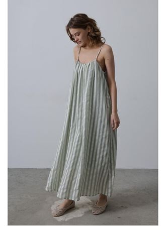 Askılı Çizgi Desen Elbise - Haki