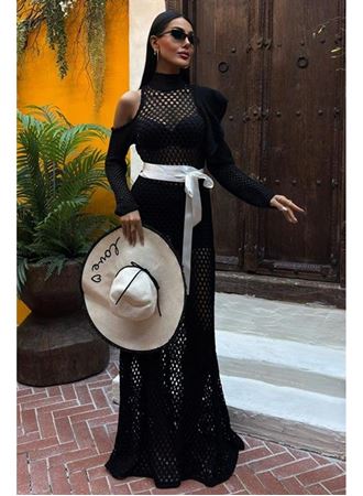 Saten Kuşaklı Ajurlu Triko Elbise 2847