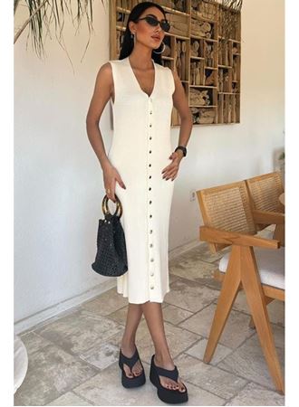 Önü Düğmeli Fitilli Kolsuz Elbise 2832