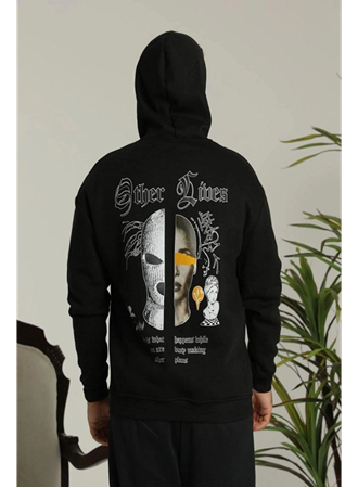 Erkek Kapşonlu Sweatshirt – Oversize Üç İplik Şardonlu Hoodie, “Other Lives” Ön - Arka Baskılı, Kanguru Cepli, Kışlık Rahat Günlük Stil - Siyah