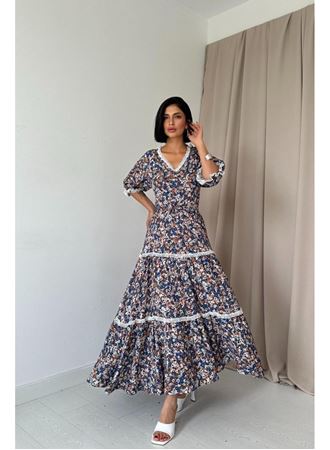 Desenli Sırtı Dekolteli Brode Elbise