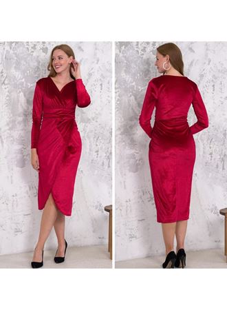 Kadın Kadife Kumaş V Yaka Uzun Kollu Midi Boy Elbise