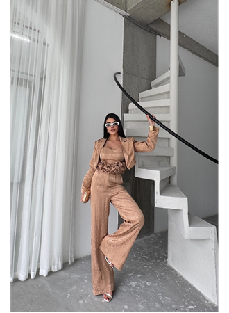 JAKARLI BLUZU TASARIM DETAYLI CEKET-PANTOLON-BLUZ 3 LÜ TAKIM - Bej