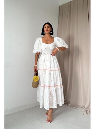 Pudra Dantel Detaylı Brode Elbise