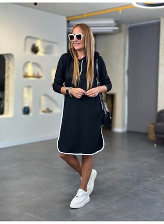 Kadın Uzun Kollu Kapüşon Ve Ribana Detay Diz üstü Elbise