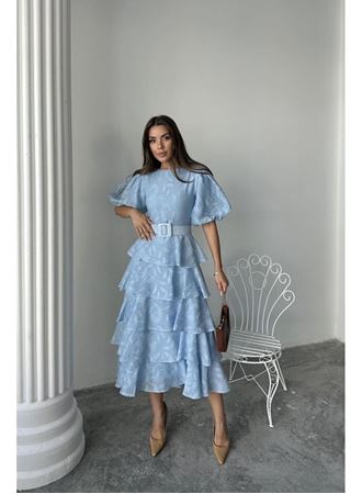 Bebe Mavi Kat Kat Balon Kollu Kemerli Elbise