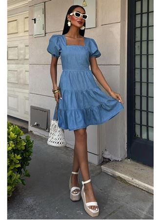 Kare Yakalı Ve Gipe Detaylı Tensel Elbise 2883