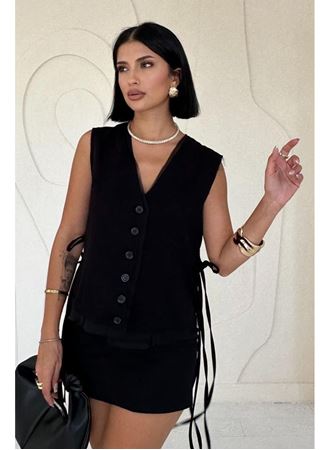 Siyah Yanları Bağcıklı Yelek