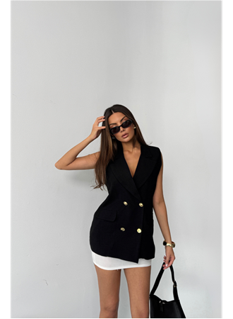 GOLD DÜĞMELİ KETEN YELEK - Siyah