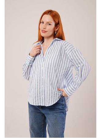 Çizgili Rahat Kesim Mavi Gömlek