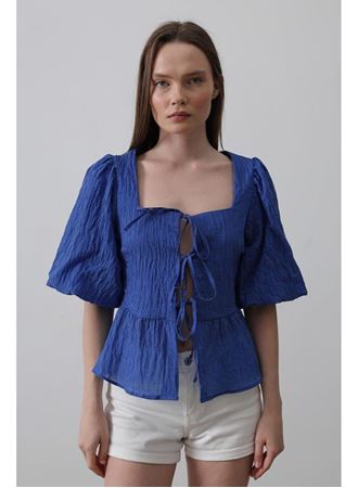 Kare Yaka Balon Kol Bluz - Mavi