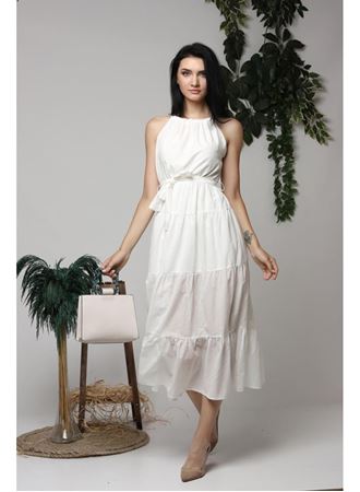 Ekru Halter Yakalı Kuşaklı Elbise