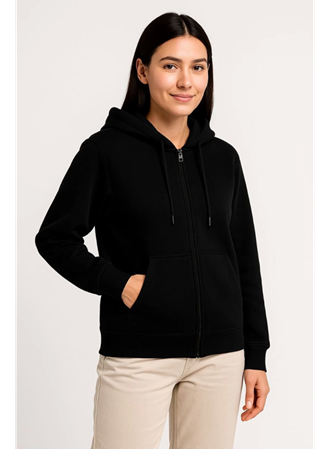 Üç İplik Kapüşonlu Tam Fermuarlı Kanguru Çepli SweatShirt Hoodie - Siyah