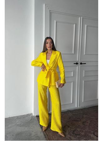 Neon Beli Kuşaklı Ceket Ve Pantolon Parlak Takım
