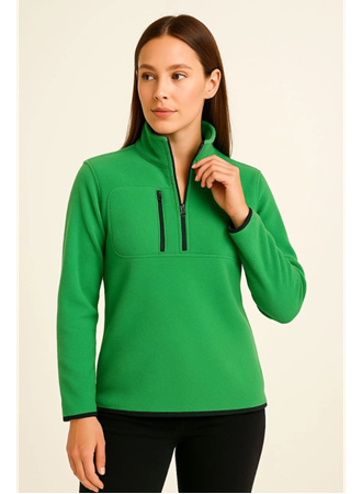 Polar Kazak – Dik Yaka, Yarım Fermuarlı, Fermuarlı Göğüs Cepli, Siyah Biyeli, Kışlık Rahat Regular Fit Günlük Model - Yeşil