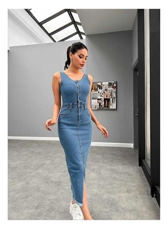 Mavi Likralı Kot Jile Elbise