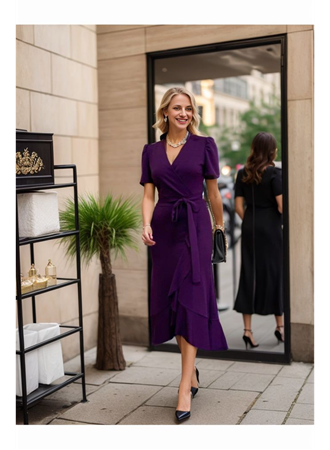 Kadın Kruvaze Yaka Midi Boy Kuşaklı Krep Elbise 120 Cm