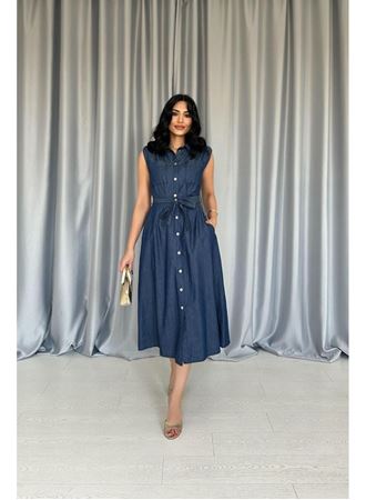 Mavi Tencel Çıtçıtlı Elbise